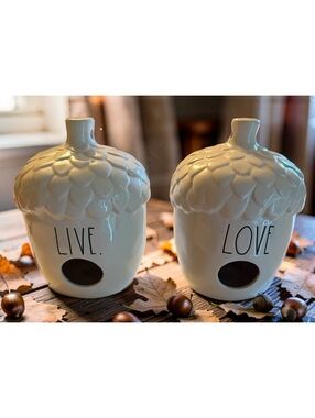 Rae Dunn LIVE LOVE Acorn Birdhouse Set of 2 Artisan Collection Magenta Ceramic